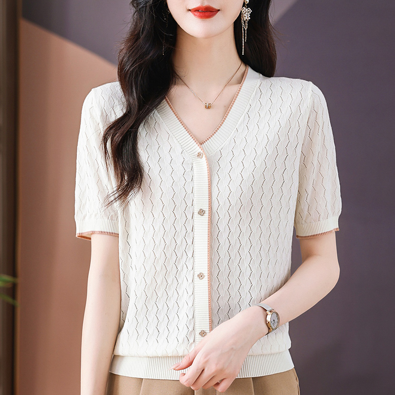 夏季新款薄款女冰丝上衣针织衫百搭显瘦简约设计小香风V领减龄T恤