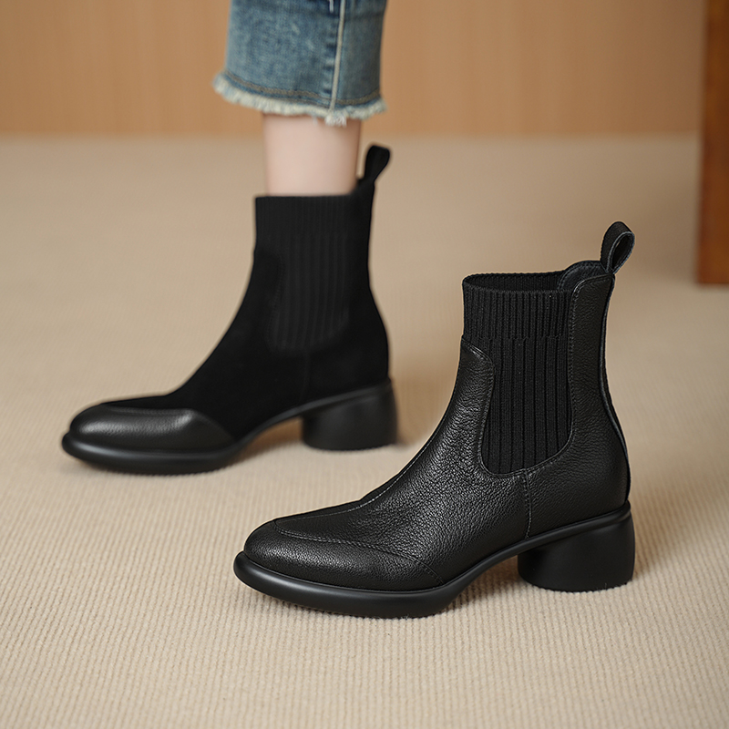 法式真皮复古短靴2025秋冬新款针织弹力瘦瘦靴粗跟马丁靴H615-10