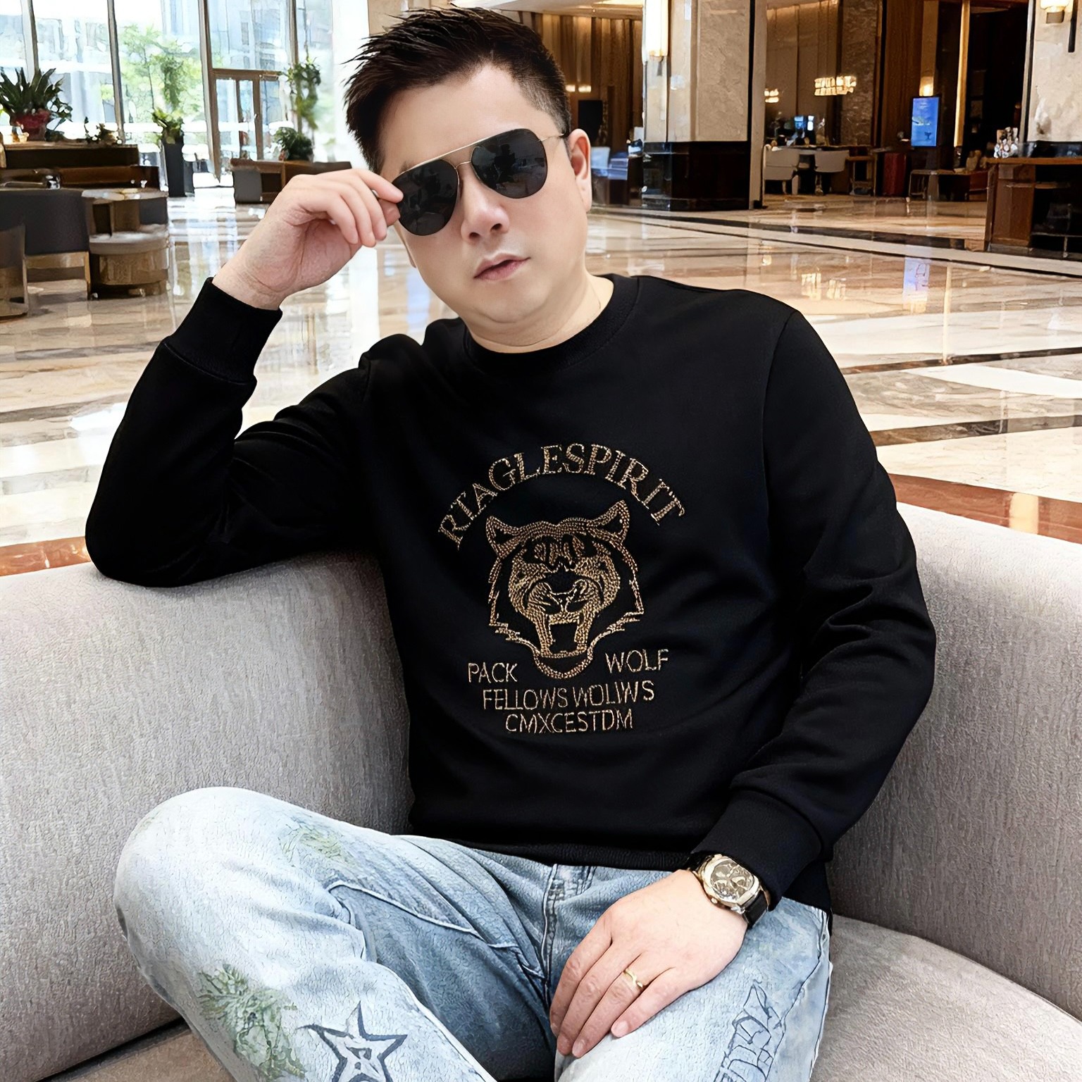 男士长袖卫衣秋冬潮流百搭时尚重工轻奢虎头欧品男士打底衫3243