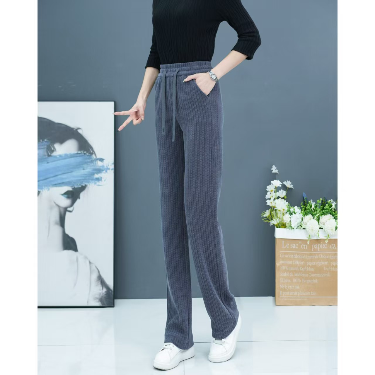 秋冬新款高腰窄版宽松显瘦垂感直筒裤时尚百搭加绒加厚阔腿休闲裤