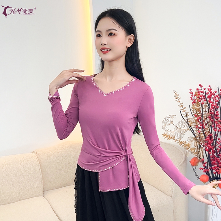 新款古典舞练功服时尚烫钻桃心领中袖成人女上衣绑带式现代舞蹈服