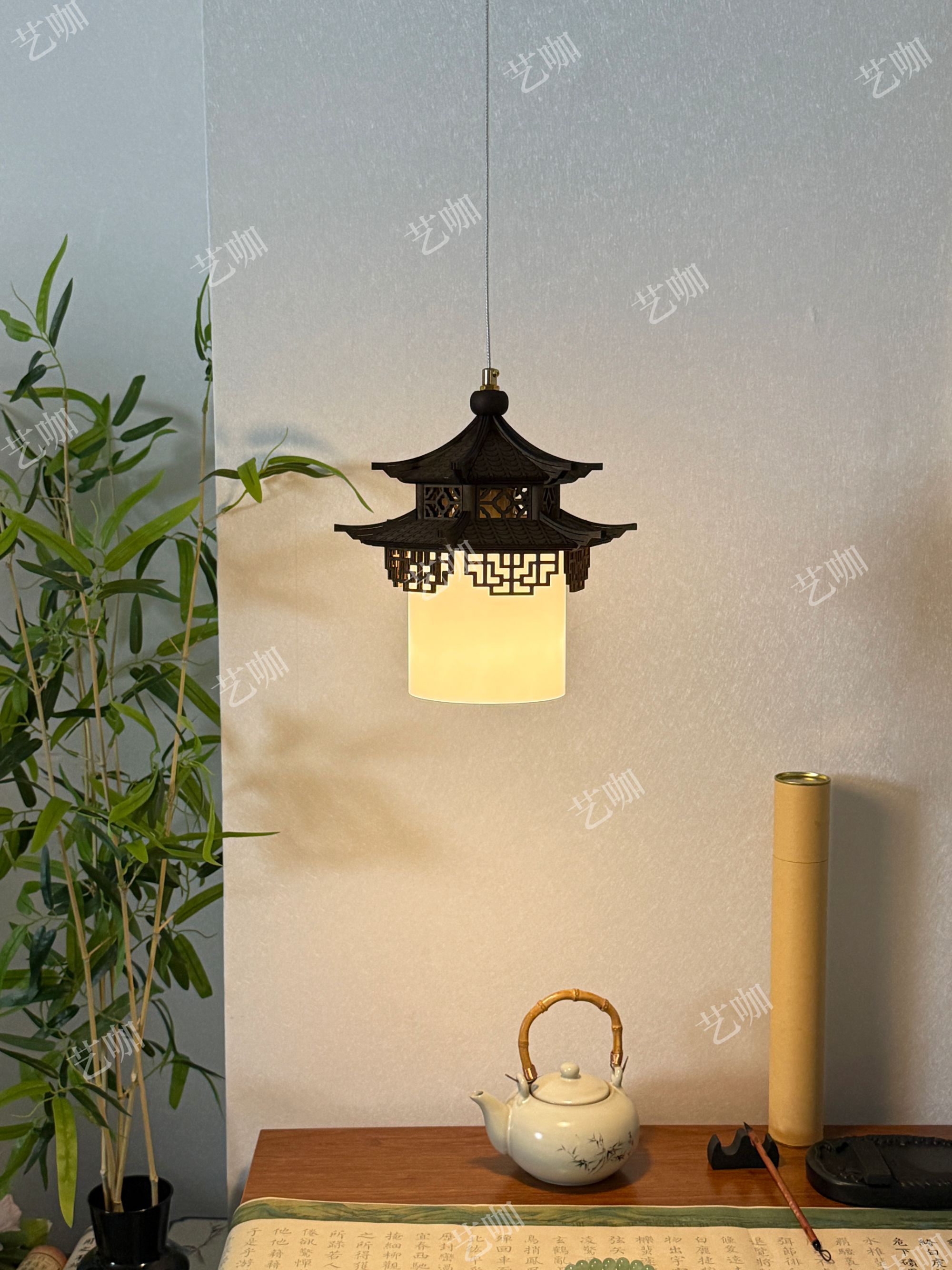 宋代美学吊灯新中式禅意茶室餐厅复式楼梯仿古建筑凉亭实木玄房灯