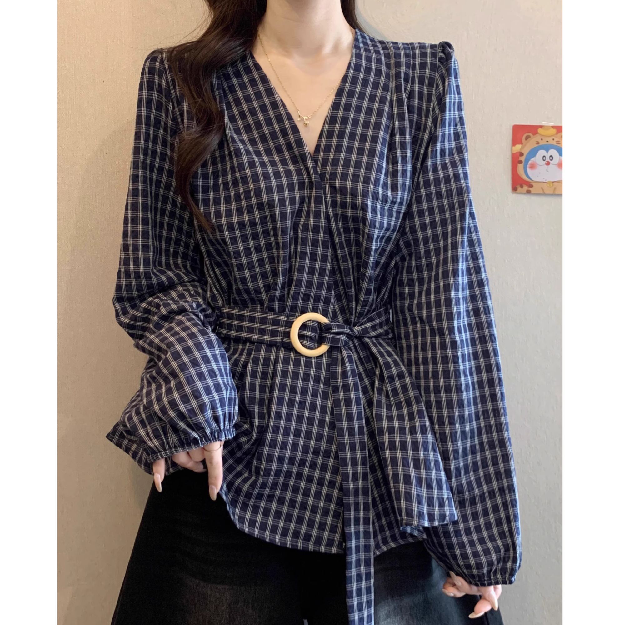 MISU/糜素深蓝色格子长袖衬衫女秋装大码胖MM高级收腰绑带遮肚