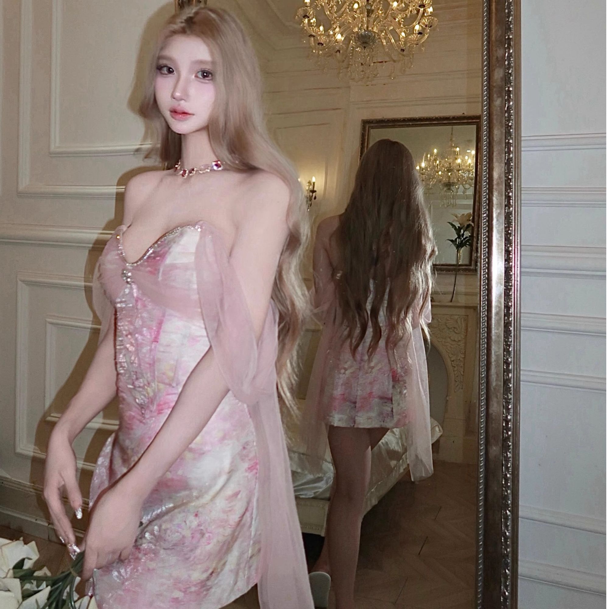 MMiko「粉黛佳人」粉色晕染钻链网纱抹胸性感纯欲包臀连衣裙