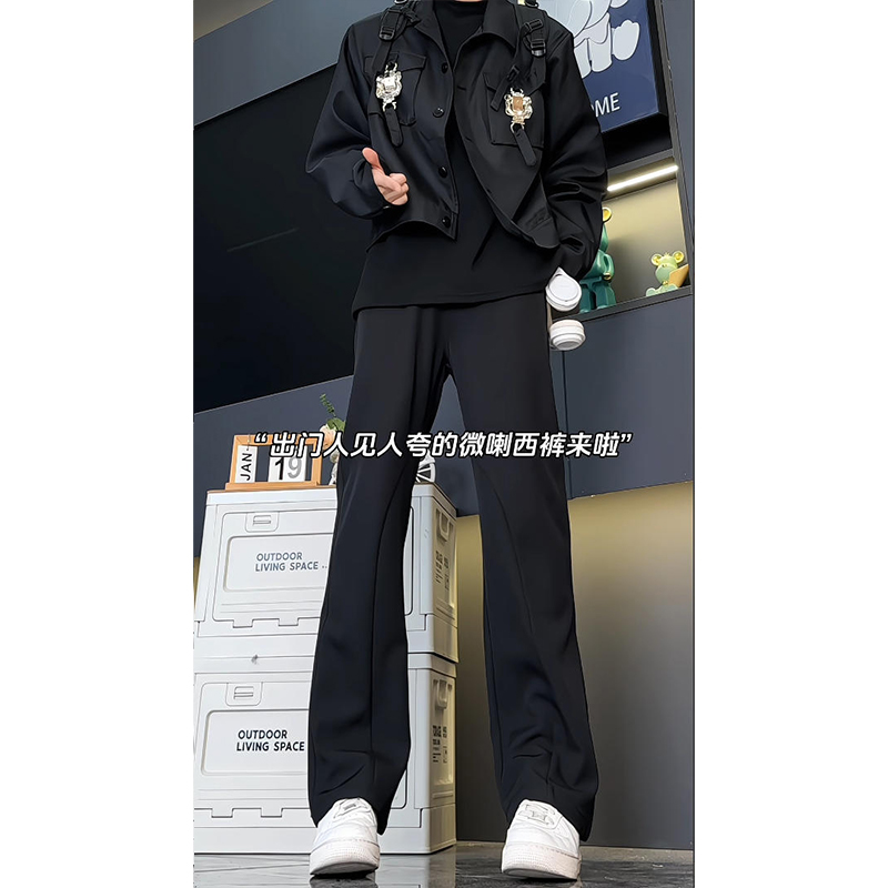 美式垂感加绒微喇男士西裤秋冬三本针设计长裤青少年潮流直筒裤