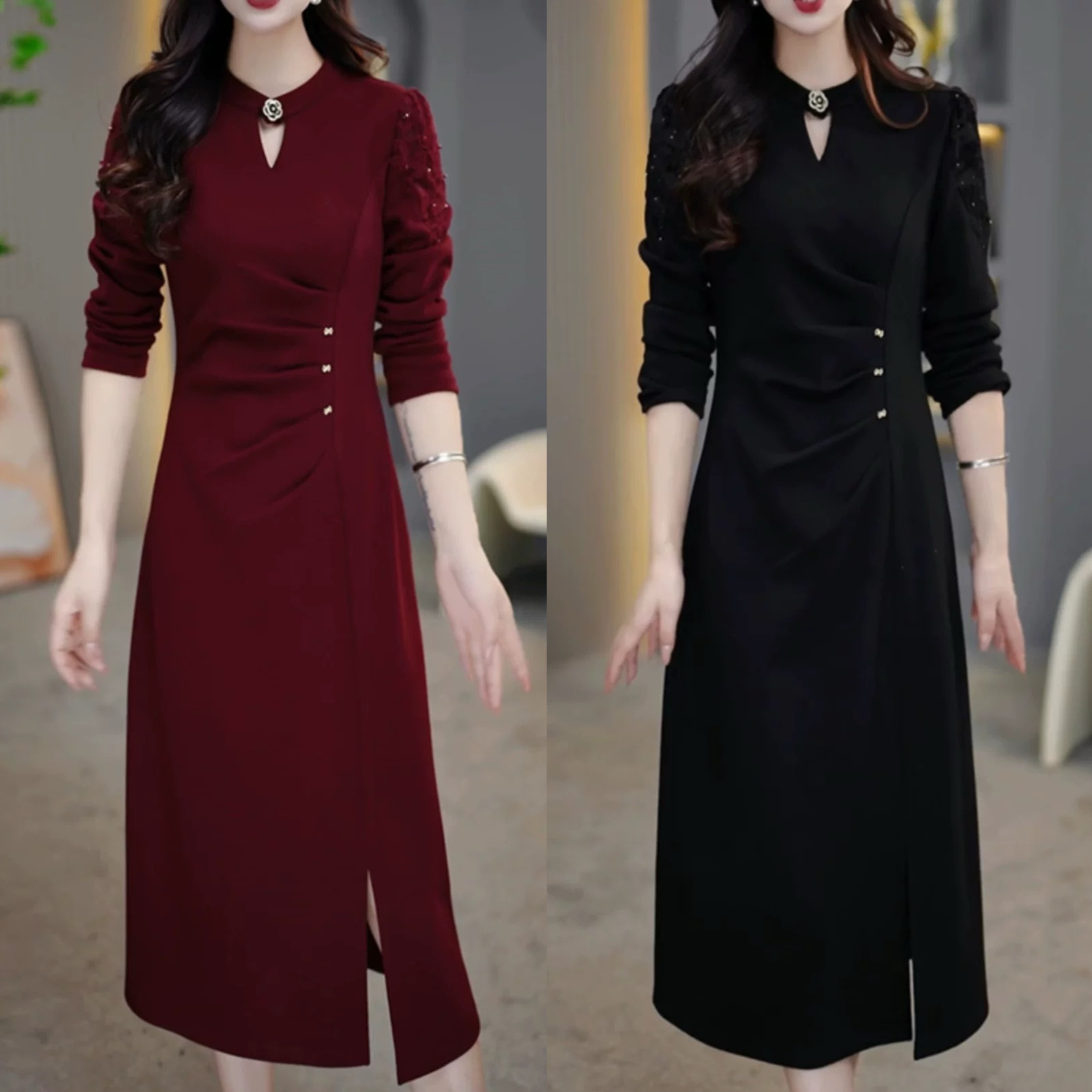 【衣雅严选】8070-1334#新款气质显瘦减龄遮肉百搭舒适长袖连衣裙