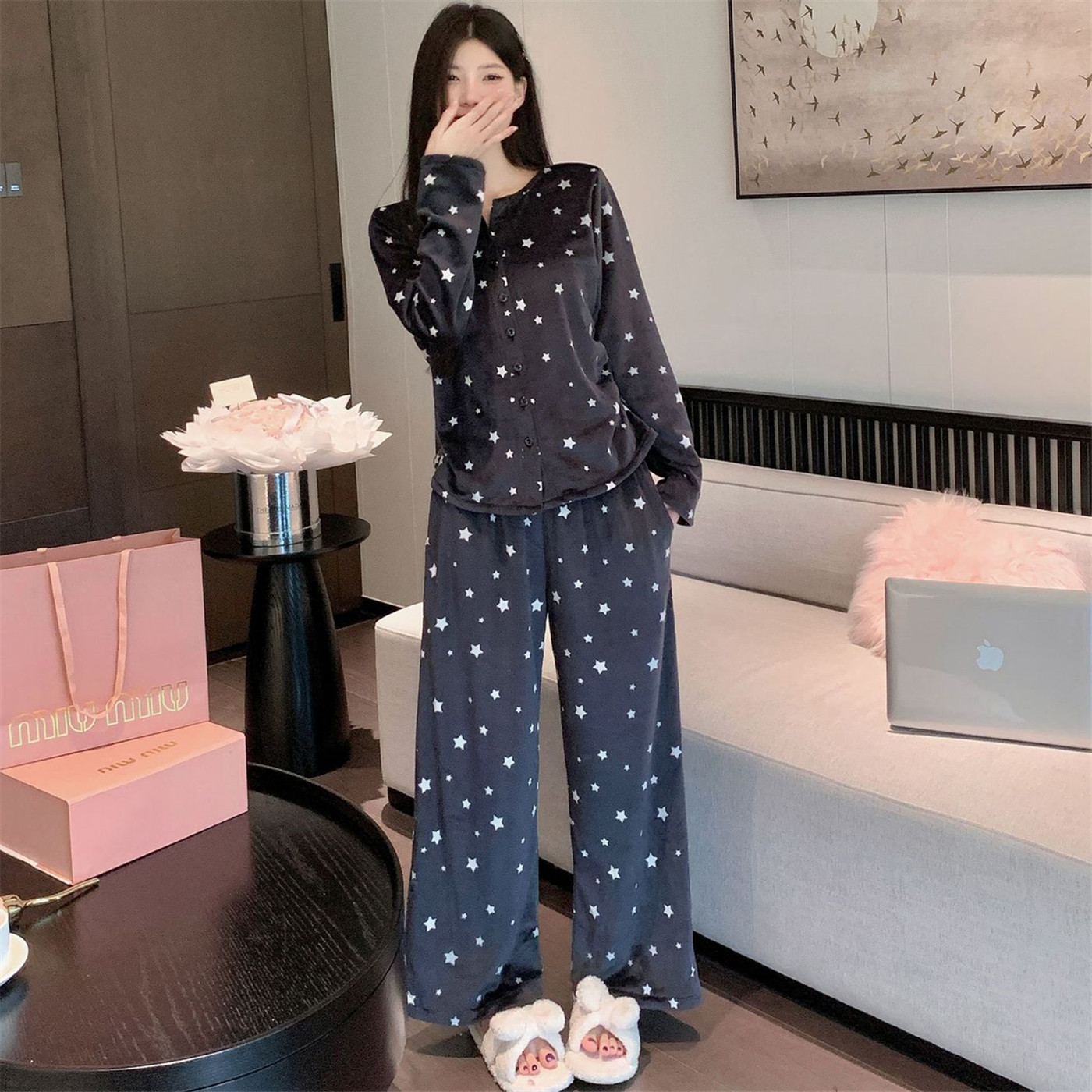 星星波点海岛绒睡衣女秋冬新款长袖保暖加绒可外穿时尚家居服套装