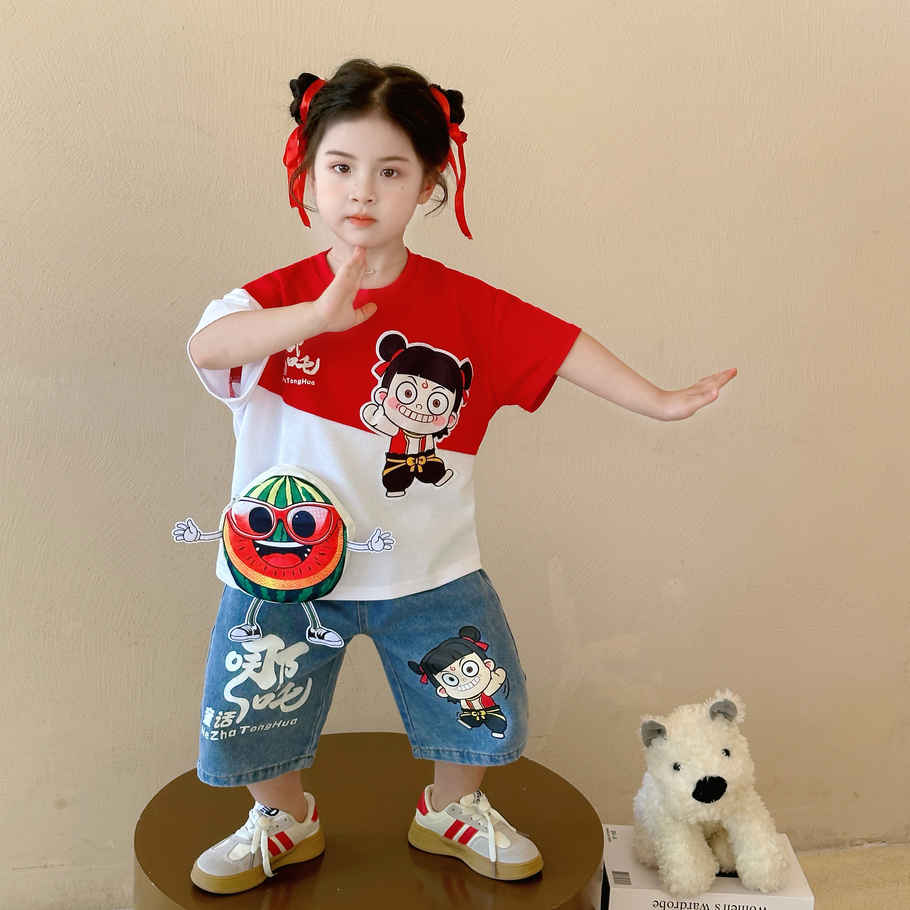 女童夏季套装2025新款哪吒女孩洋气短袖时髦宝宝夏装T恤亮灯衣服