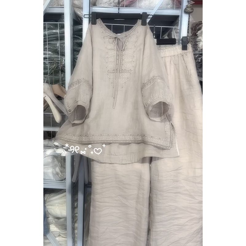 2025夏季新款洋气百搭宽松显瘦圆领上衣松紧腰纯色休闲裤苎麻套装