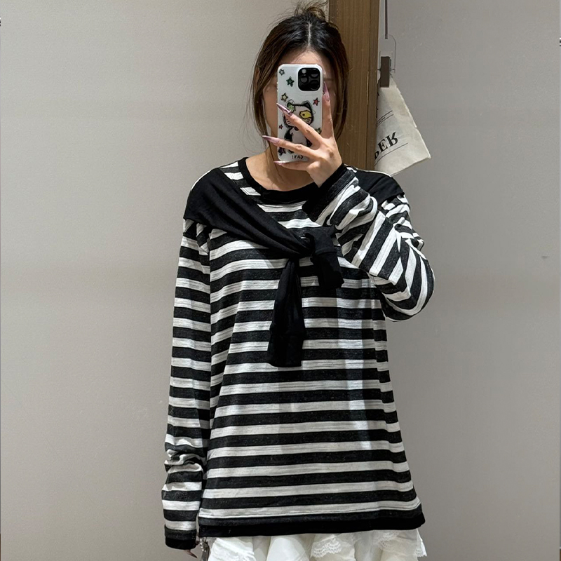 【现货】YANAG原创设计亚麻条纹假袖装饰长袖T恤高级感上衣