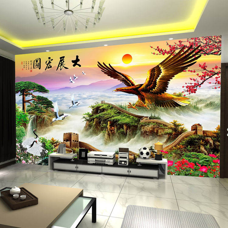 8d中式山水电视背景墙布迎客松办公室墙纸客厅沙发墙大展宏图壁画