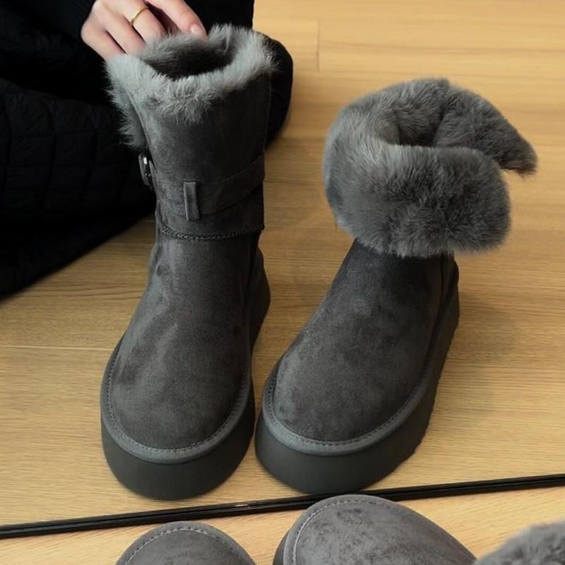 灰色厚底雪地靴女2025新款冬季加绒加厚保暖短靴皮毛一体雪地棉鞋