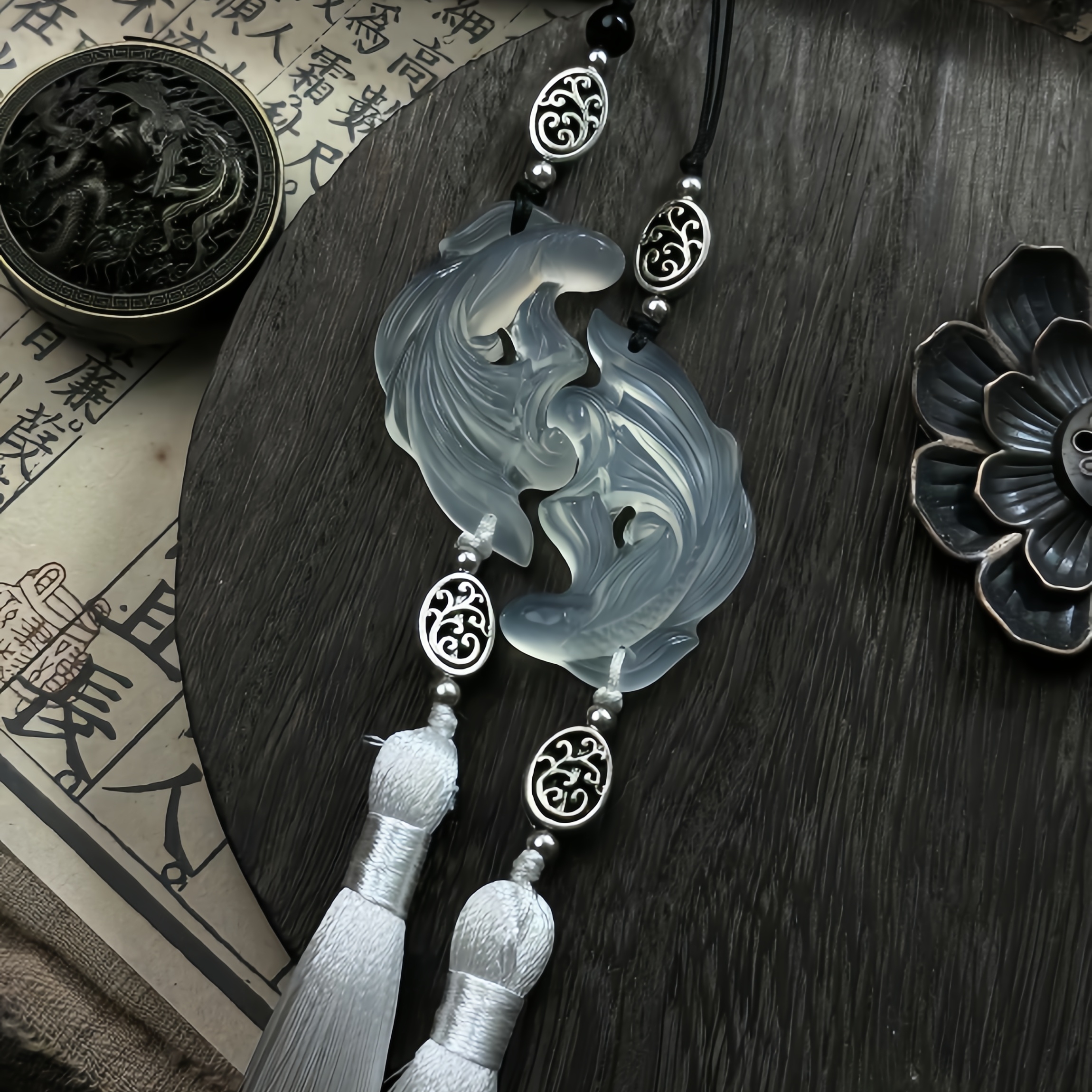 双鱼玉佩一对岫玉新中式国风情侣款双鱼玉佩吊坠青梅竹马吊坠玉佩