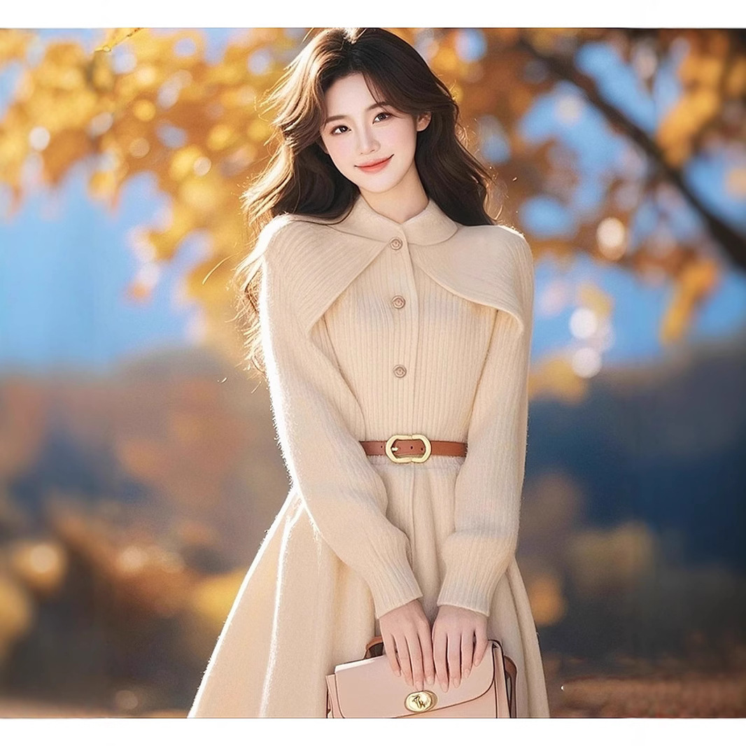 法式绝美小众不撞款收腰杏色披风针织连衣裙女秋冬