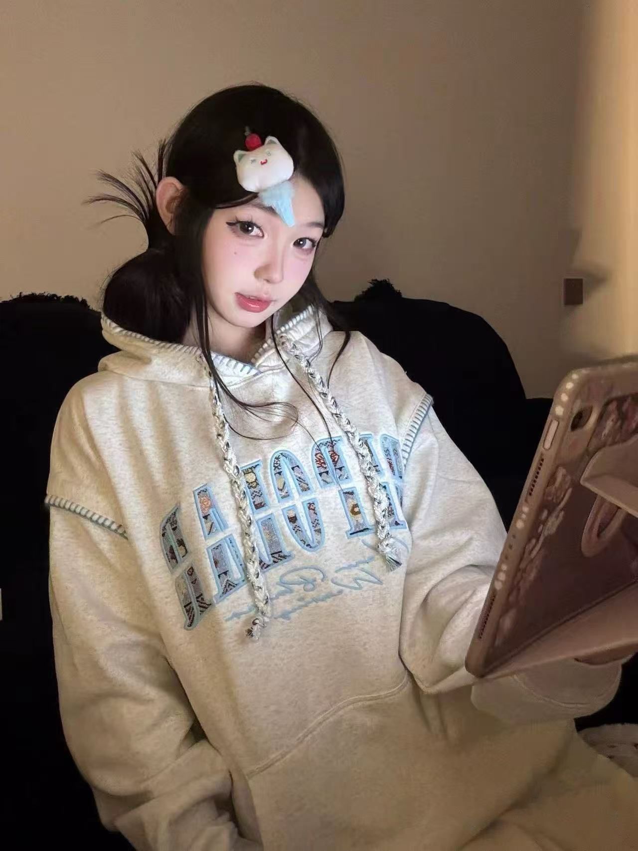 伶落旧人 美式复古连帽卫衣女新款设计感小众宽松情侣重磅上衣潮