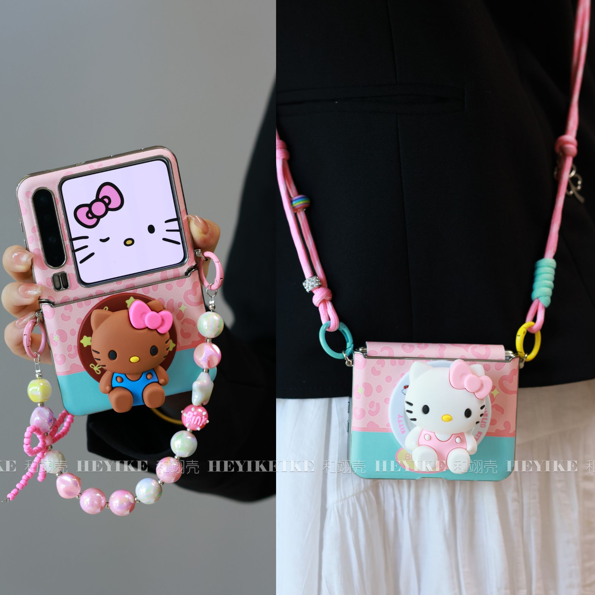 适用华为purax手机壳荣耀magicvflip2粉色皮豹纹KT猫斜挎pocket2