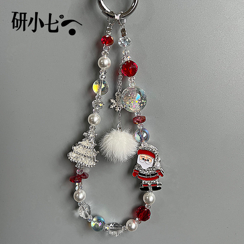 研小七圣诞老人水晶手机挂链红色氛围雪花圣诞树秋冬包包挂绳D189