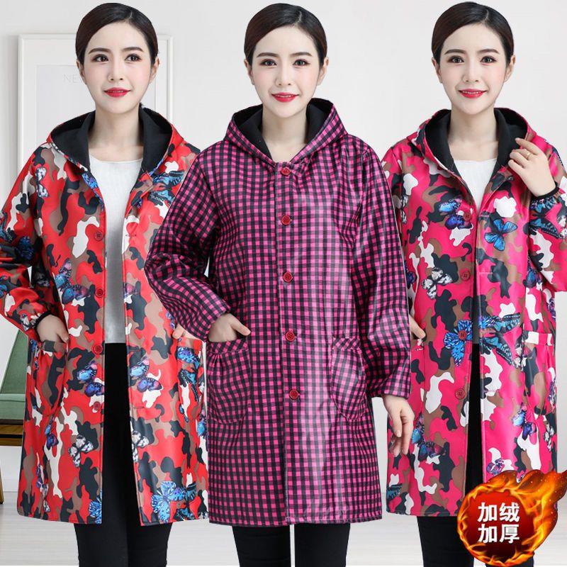 秋冬季加长过膝加绒加厚罩衣男女士工作服围裙防水油迷彩大褂护衣