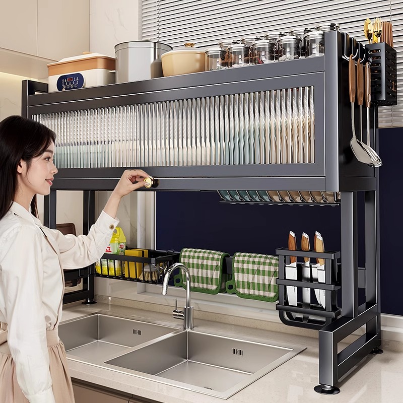 厨房不锈钢水槽置物架洗碗槽水池防尘碗柜台面收纳柜多功能沥水架