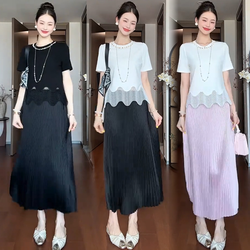 时尚连衣裙套装女2025夏季新款洋气显瘦设计感短袖半身裙两件套潮