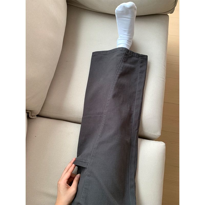 美式复古灰色直筒工装牛仔裤女设计感高腰显瘦宽松休闲阔腿长裤潮