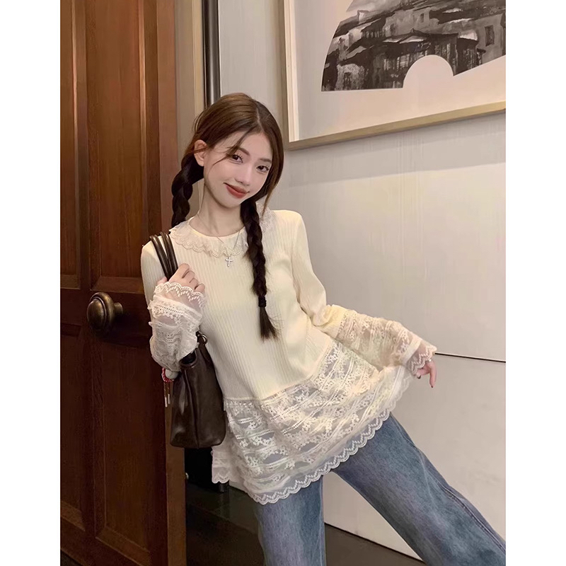 法式甜美少女长袖蕾丝拼接打底衫春秋内搭外穿上衣