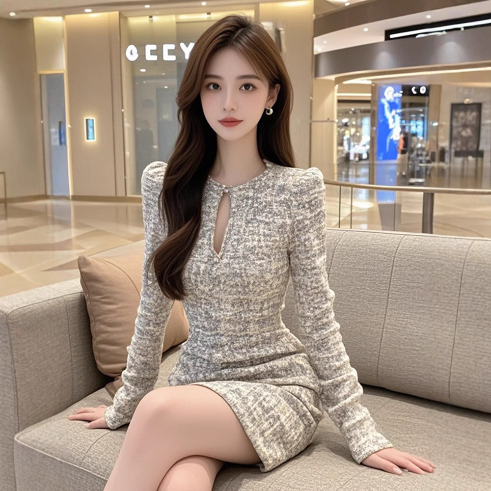 ZS5794法式小香风镂空设计长袖连衣裙女气质名媛收腰显瘦包臀短裙