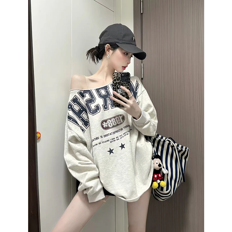 OOTD超绝韩版慵懒风卫衣字母斜肩长袖卫衣女宽松遮屁中长款上衣潮