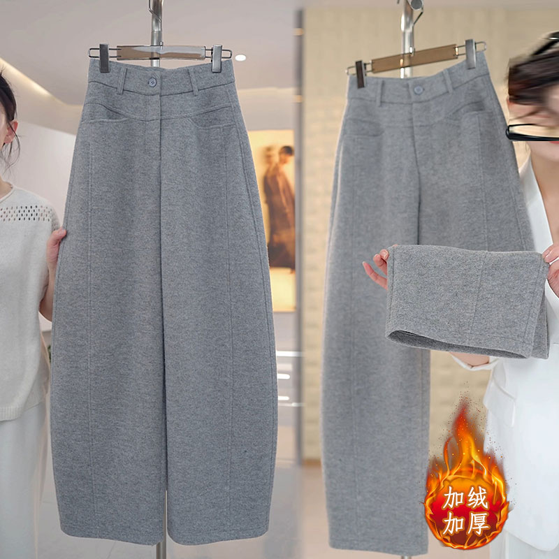 拉夏贝尔灰色弯刀阔腿裤女冬季2025新款加绒加厚显瘦小个子直筒裤