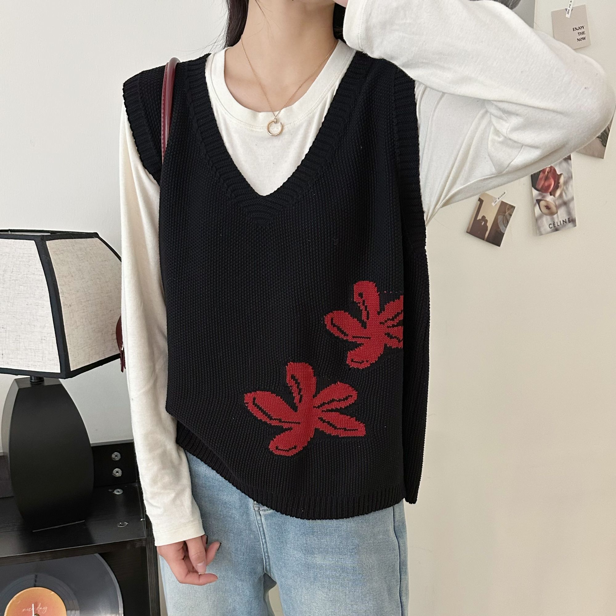 【正品现货】棉线V领针织复古提花马甲无袖女士时尚宽松套头百搭