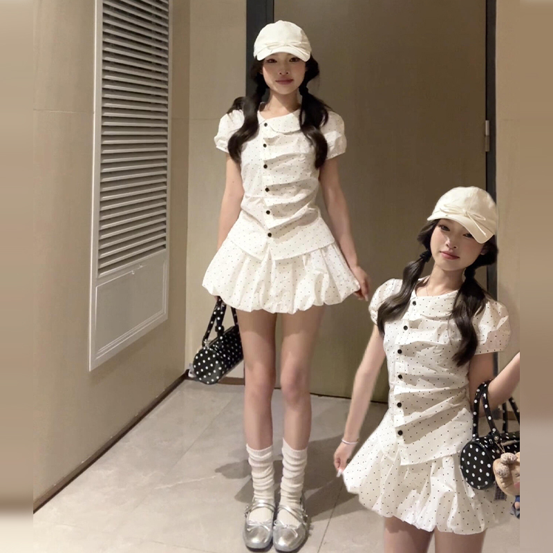 法式白色波点娃娃领连衣裙装夏季2025新款小个子花苞短裙套装3654