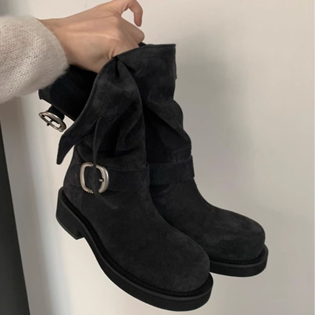 葡萄妈同款马赛日记复古金属扣圆头擦色马丁靴真皮机车堆堆短靴女