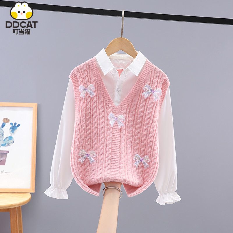 叮当猫女童毛衣假两件春秋新款洋气中大童女孩洋气翻领针织打底衫