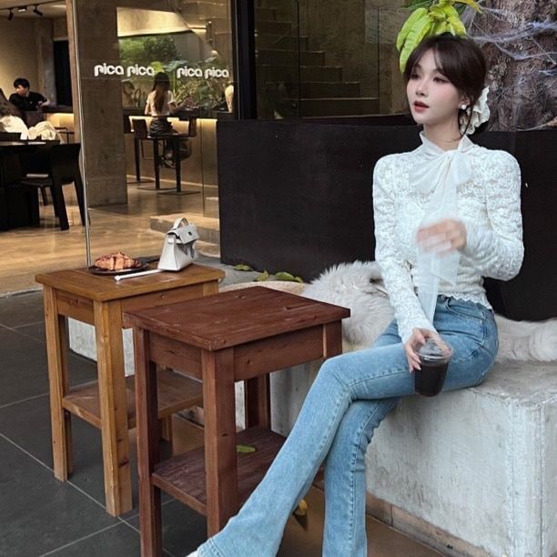 法式名媛气质甜美蝴蝶结系带长袖蕾丝衫女2025秋冬新款温柔风上衣