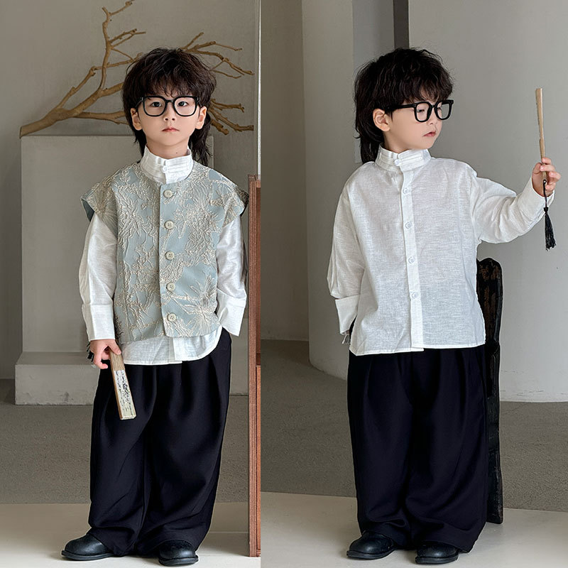 儿童新中式马甲西装套装刺绣男童小主持演出服男孩中山装花童婚礼