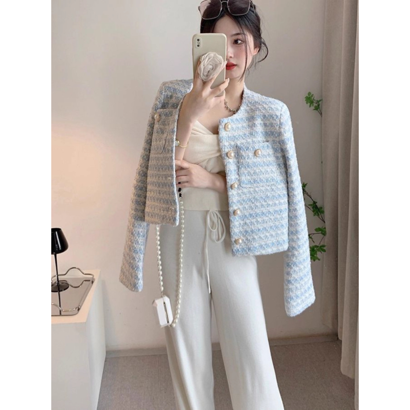 蓝色小香风外套女2025新款春秋高档设计感小众短款甜美圆领上衣女