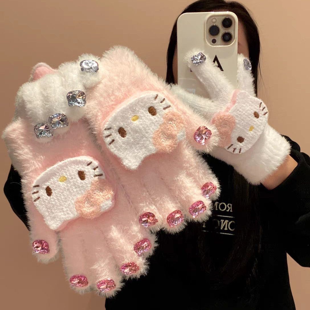 卡通保暖毛绒kt猫手套分指户外骑行滑雪儿童手套2025年冬季新款