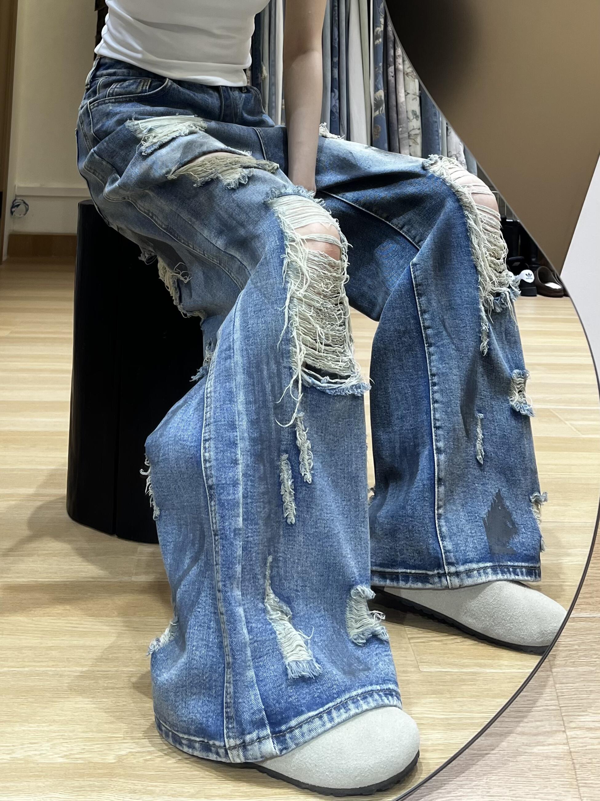 美式做旧脏脏破洞乞丐牛仔裤女夏季设计感高腰显瘦直筒阔腿长裤子