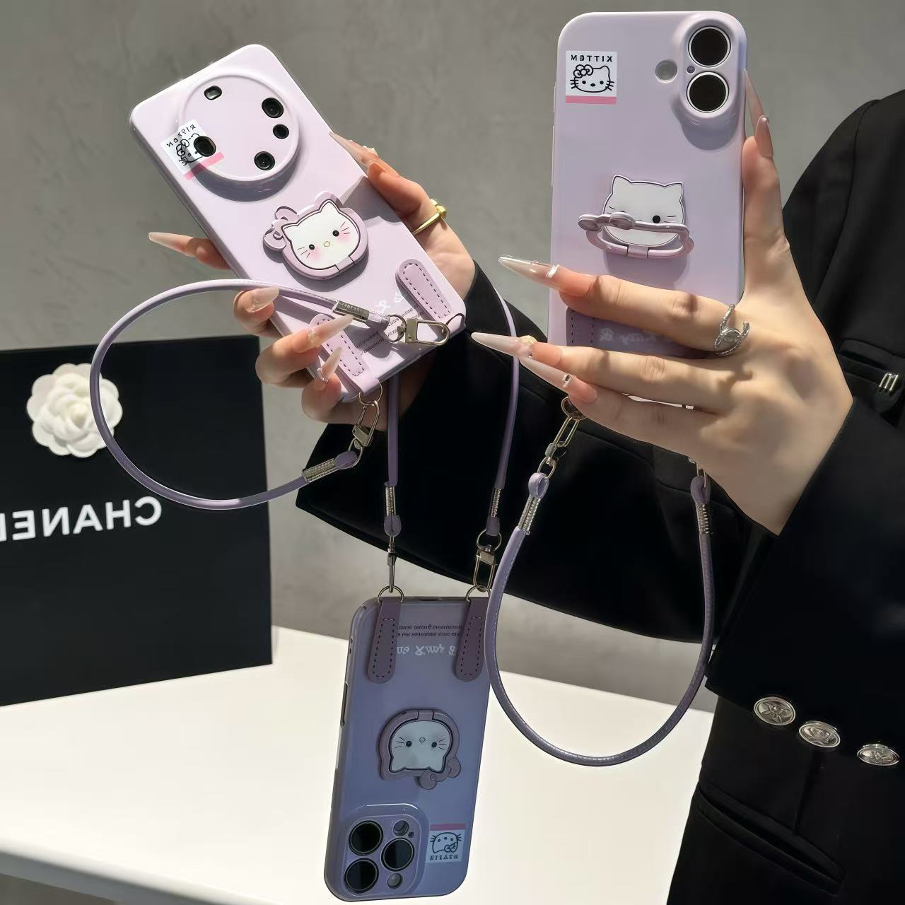 香芋紫凯蒂猫支架挂绳适用苹果17手机壳iPhone16华为vivo小米oppo