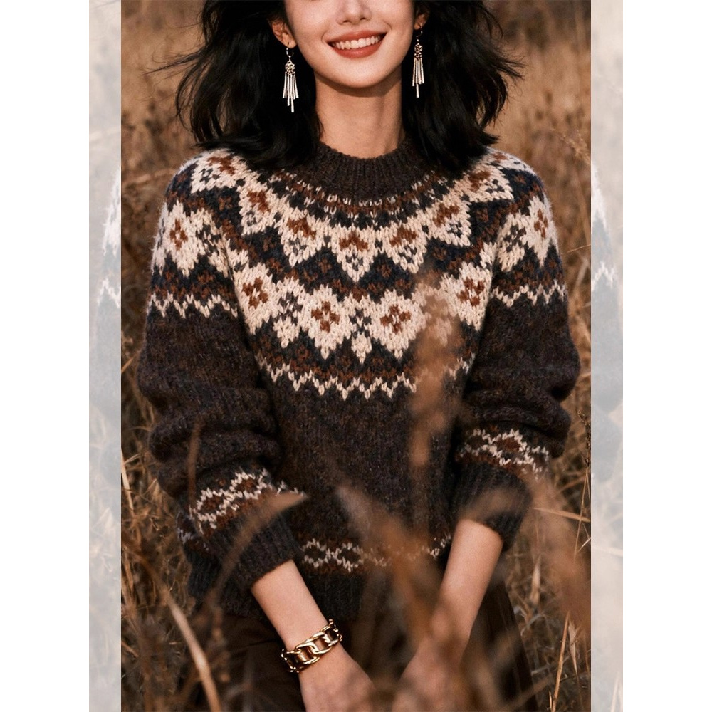 巨好看轻熟上衣女早秋2025新款复古慵懒高级感咖色费尔岛套头毛衣