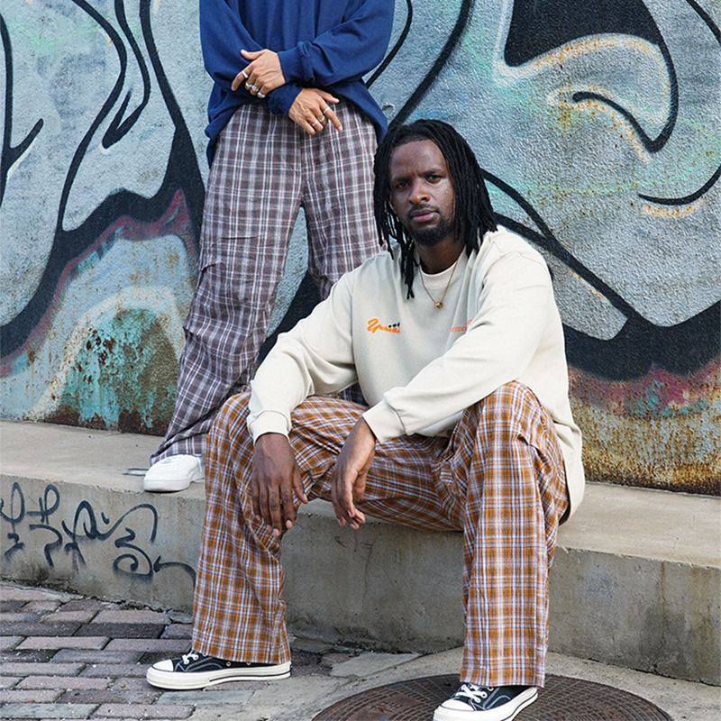 UNSHACKLED潮牌美式格子休闲长裤男百搭直筒宽松秋冬裤子杨政