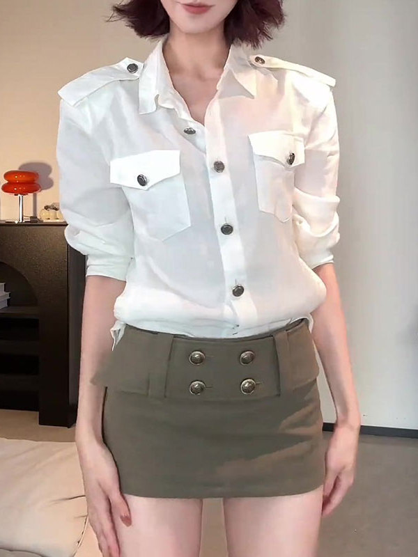法式御姐风高级感设计感多口袋长袖衬衫半身裙套装女2025早秋新款