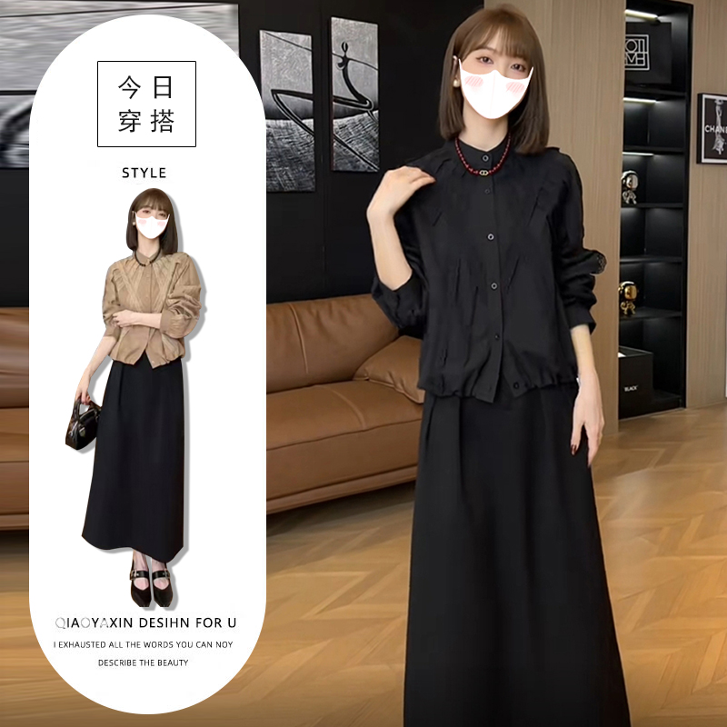 甜酷风独特洋气两件套女时髦精气质开衫衬衣高腰显瘦中长款半身裙