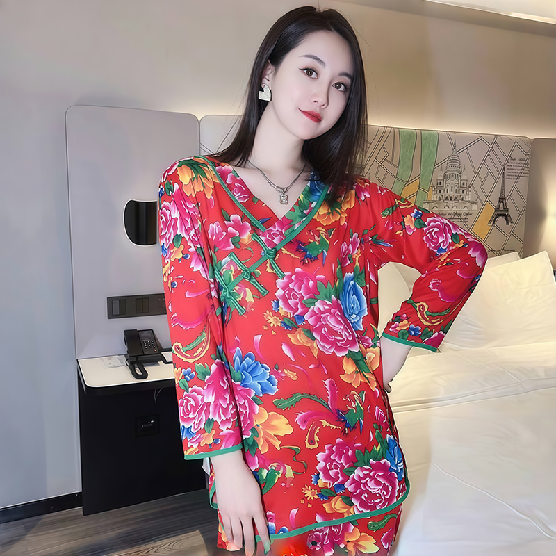 秋冬保暖睡衣女套装印花民族风碎花长袖加厚网红东北大花家居服