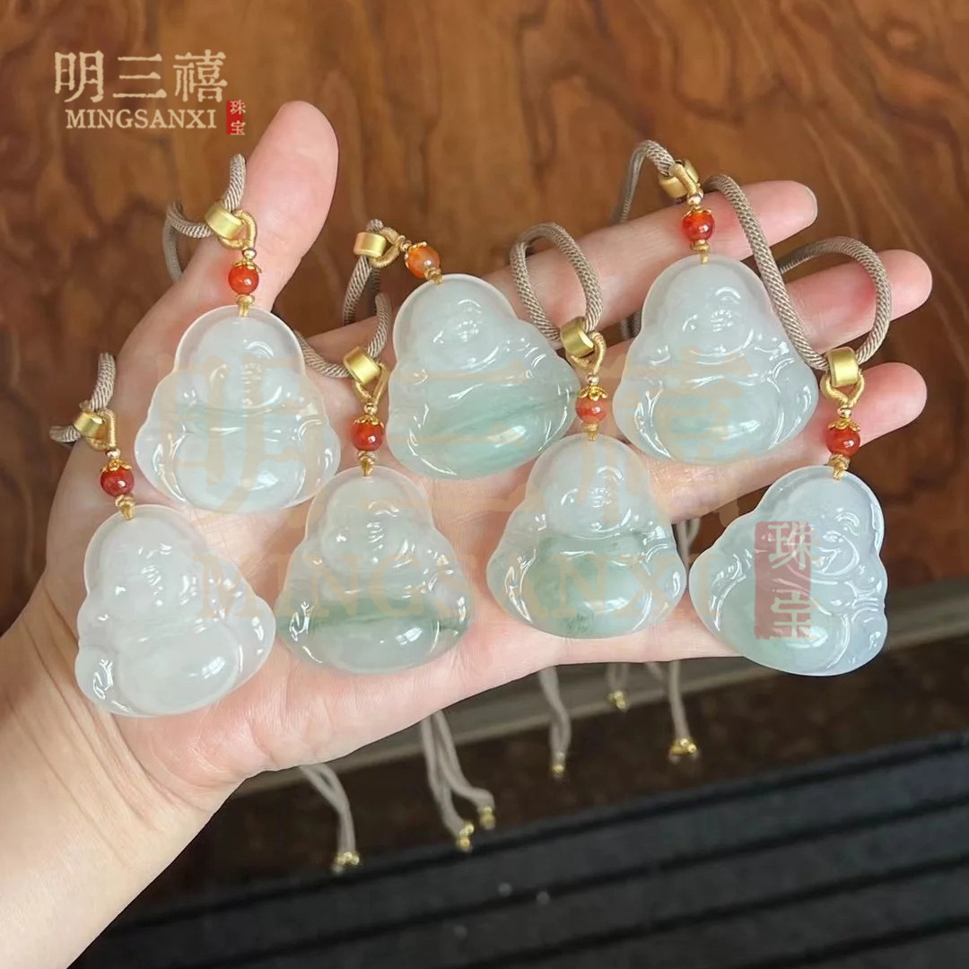 新疆天山翠玉石佛公吊坠大肚佛挂件飘花弥勒佛翡翠色飘花金丝玉