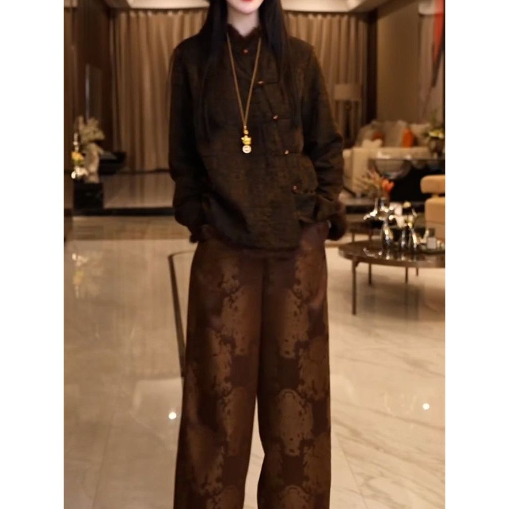 新中式文艺风裤套装女2026春冬新款高级感轻奢夹棉盘扣衬衫+裤子