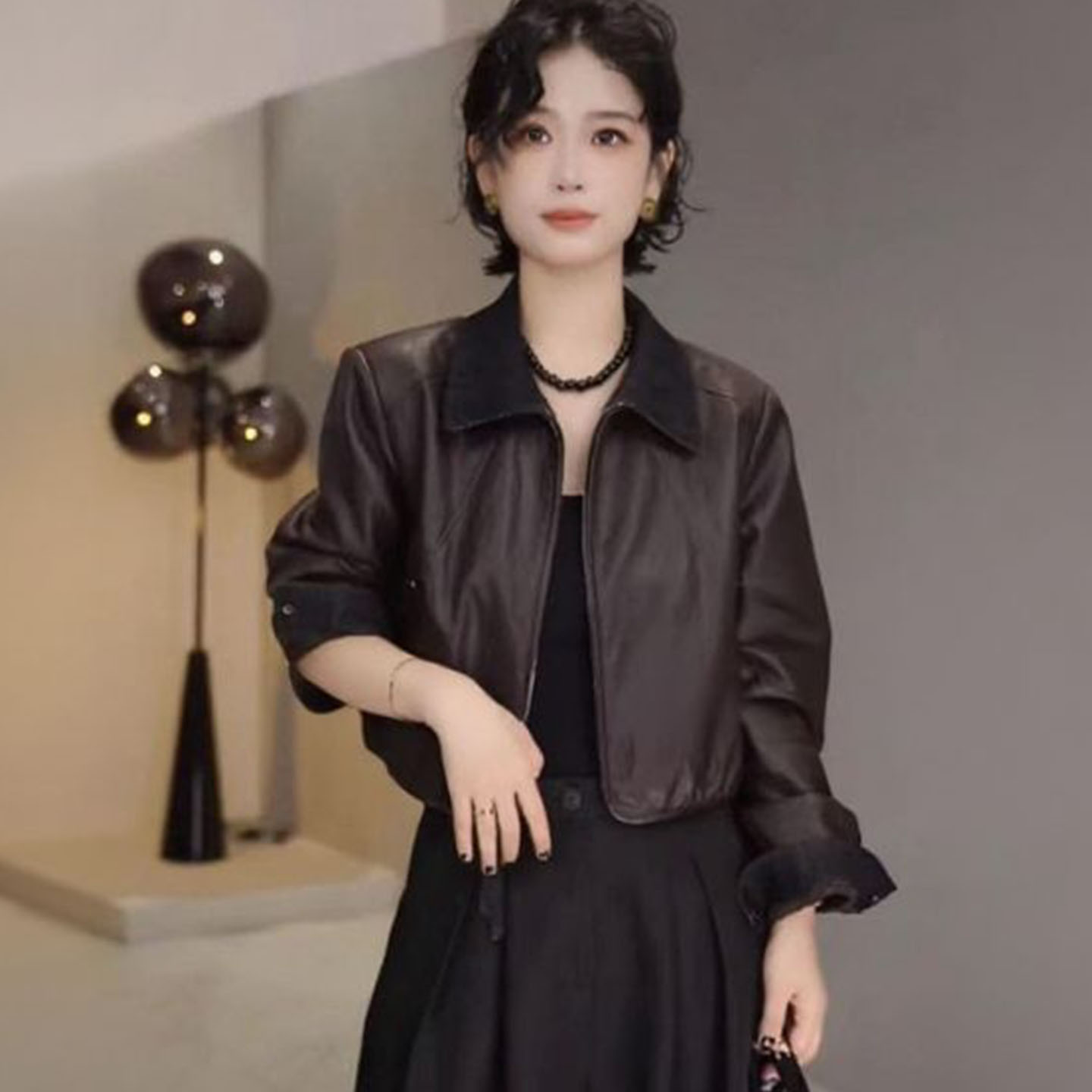 2025秋新款PU皮衣女短款翻领拉链机车夹克外套复古小个子夹克上衣