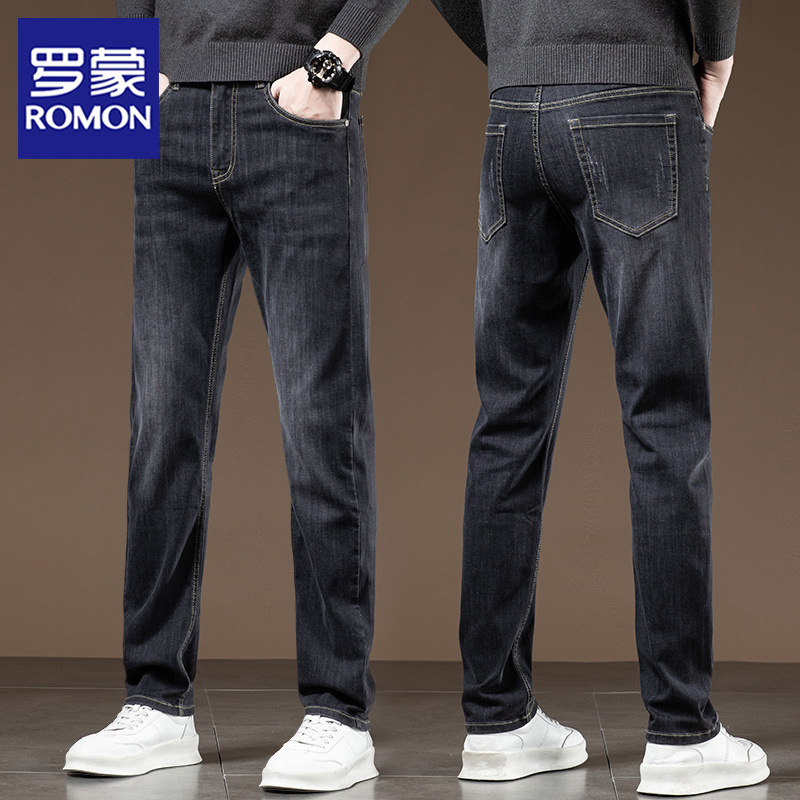 罗蒙秋冬季男士牛仔裤男修身直筒弹力舒适2025新款加绒休闲长裤子