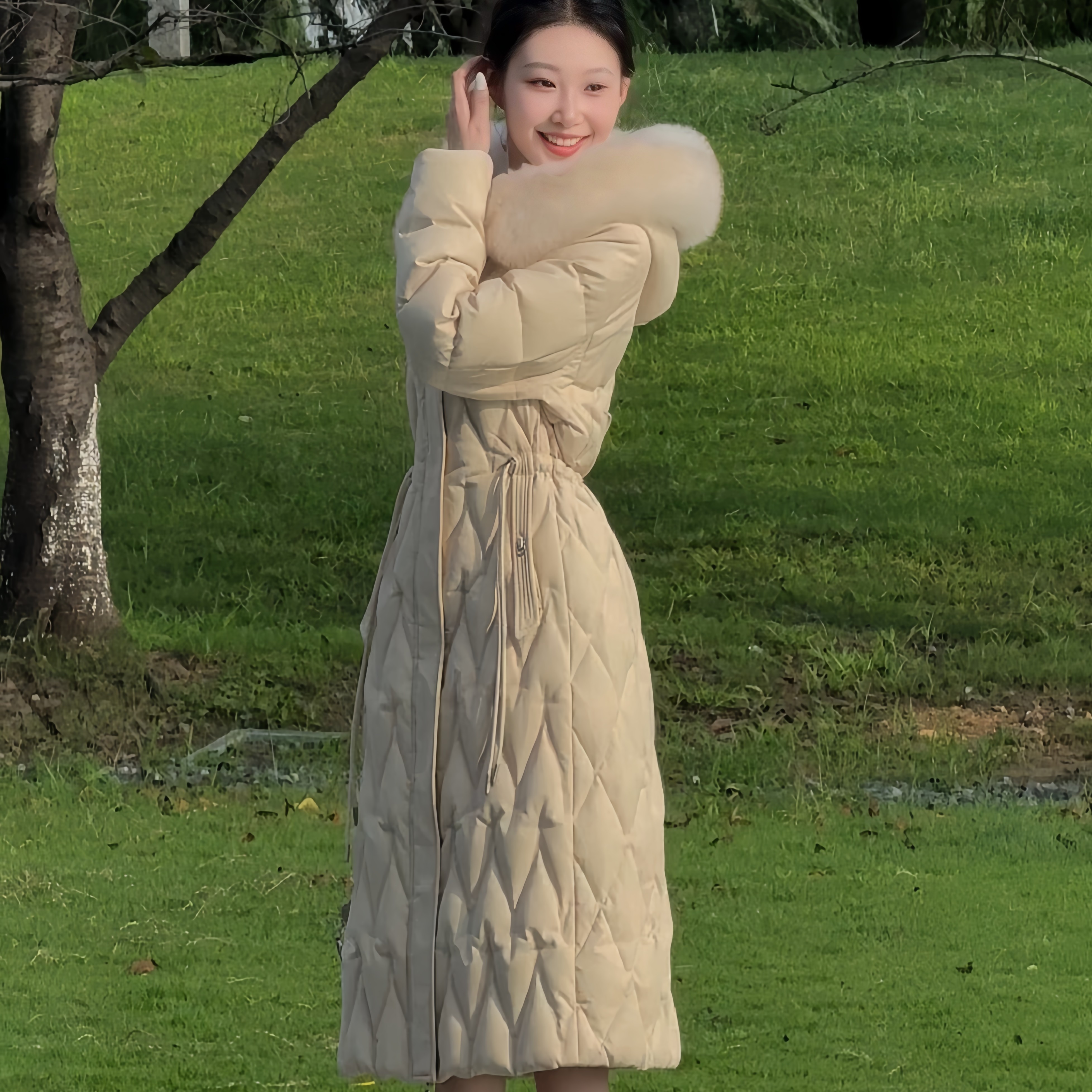 1DTLB新款时尚百搭潮流女款冬季大毛领收腰连帽女士保暖外套