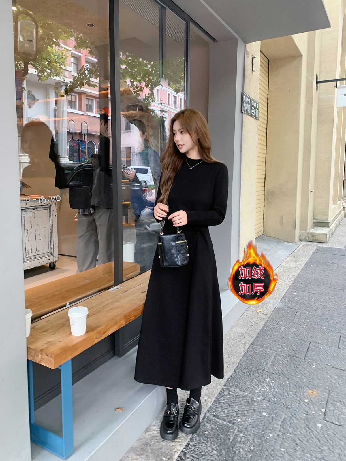 【正品】半高领长款显瘦配大衣打底中领加绒连衣裙女生韩系ins衣服